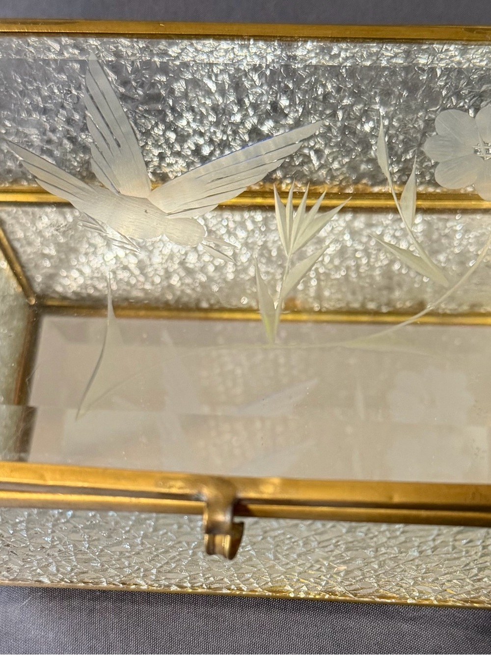 Vintage Etched Glass Jewelry Box with Gold Trim - Bird Motif